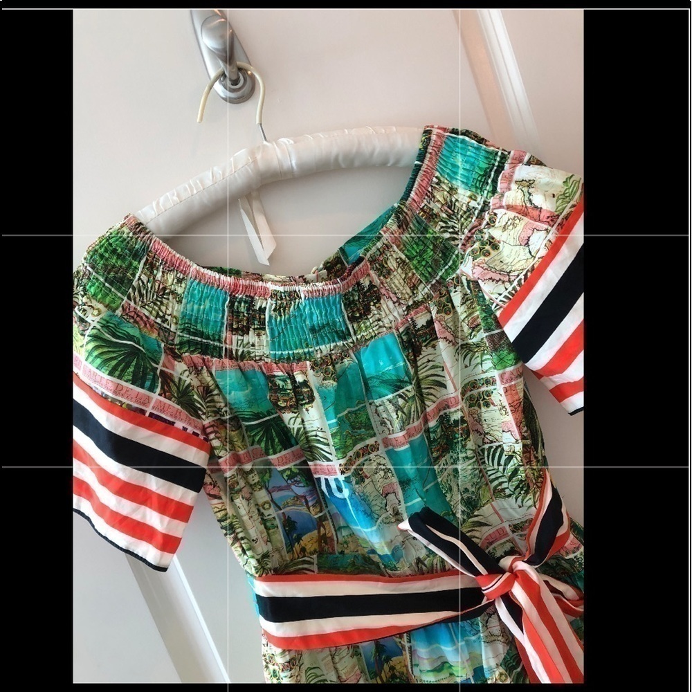 ASOS Off Shoulder Dress In Postcard And Stripe Print - Picture 4 of 16